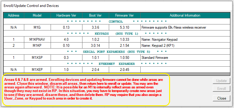 Can't update Firmware on M1 as an area is armed – NESS CORPORATION SUPPORT